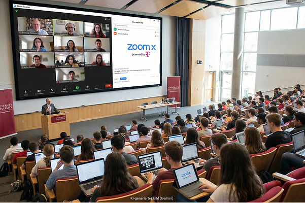 Großer Hörsaal mit hybrider Zoom‑X‑Vorlesung auf einer Leinwand