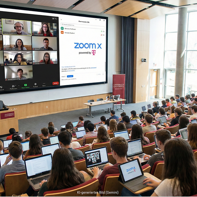 Großer Hörsaal mit hybrider Zoom‑X‑Vorlesung auf einer Leinwand