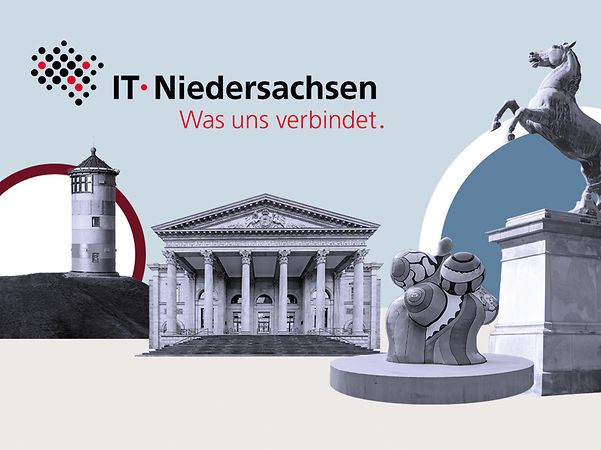 Collage mit Logo von IT.Niedersachsen sowie Wahrzeichen und Skulpturen aus Niedersachsen.
