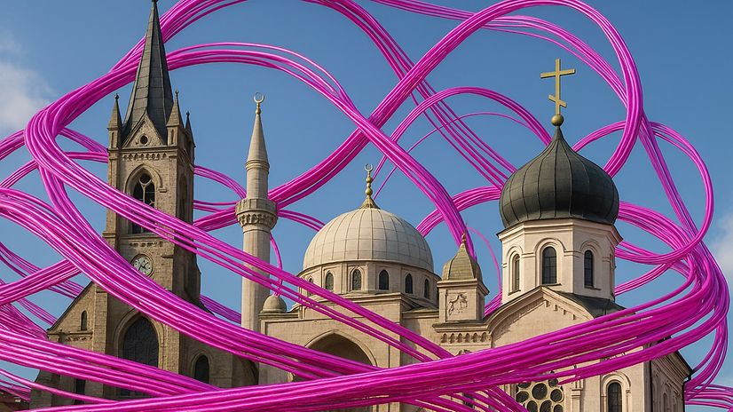 Kirche und Moschee, umgeben von magentafarbenen Glasfaserkabeln.
