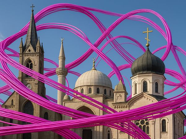 Kirche und Moschee, umgeben von magentafarbenen Glasfaserkabeln.