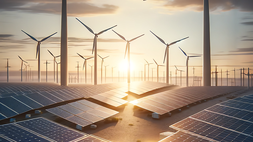 Solarpanels und Windräder in einer Energielandschaft.