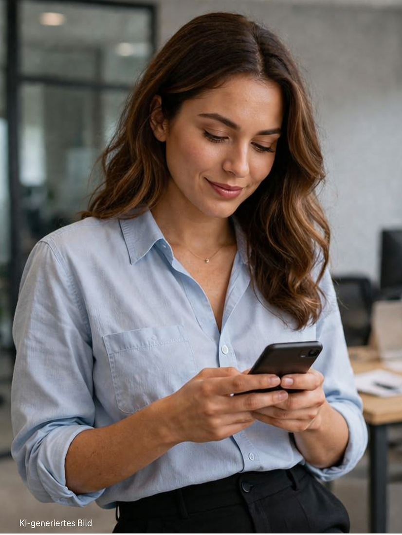 Frau liest etwas auf ihrem Handy im Büro