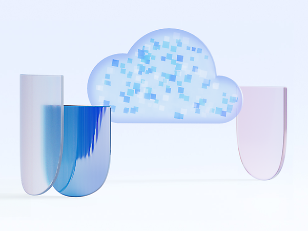 Abstrakte Cloud‑Grafik mit Schutzschilden als Symbol für sichere, souveräne Cloud‑Infrastruktur