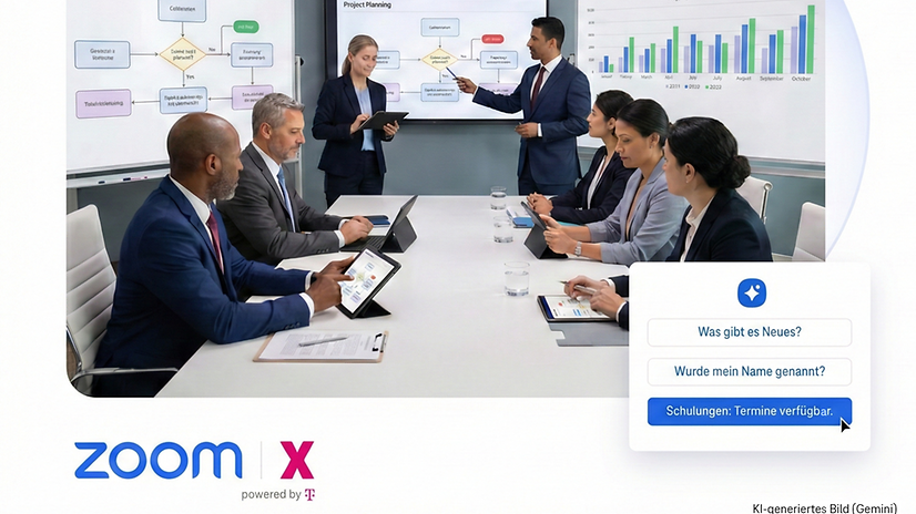 Mann nimmt per Zoom X an Videocall mit KI-Zusammenfassung teil.