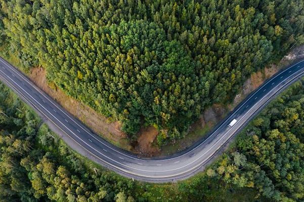 Drohnenaufnahme einer kurvigen Straße durch dichten Wald mit einem Fahrzeug.