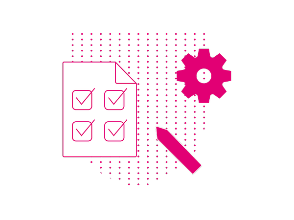 Symbolgrafik mit Checkliste und Zahnrad zur Darstellung von IT‑Security‑Audits und Assessments