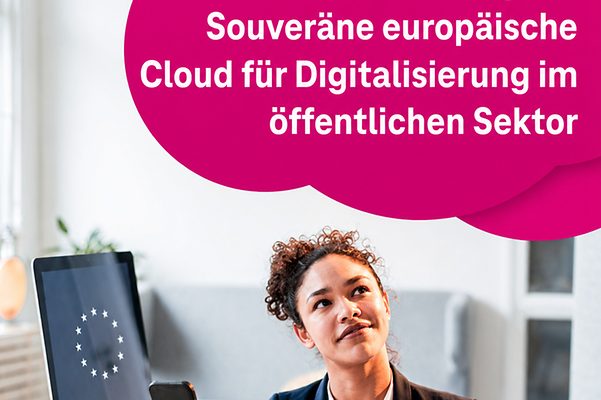 Laptop mit EU-Symbol und Hinweis auf europäische Cloud für den öffentlichen Sektor