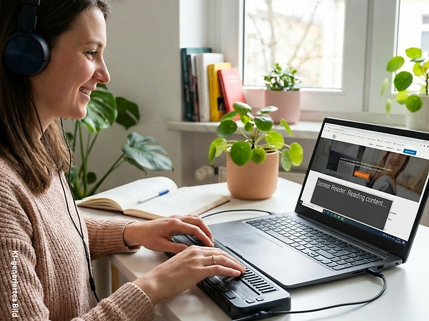 Person arbeitet an einem Laptop an einem Schreibtisch und nutzt eine angeschlossene Tastatur sowie ein Eingabegerät